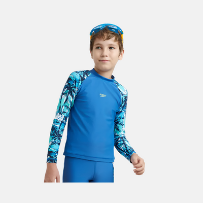 Speedo Enduraflex Digital Print Long Sleeve Boy's Suntop - Turkish Sea/Peacoat/Picton Blue