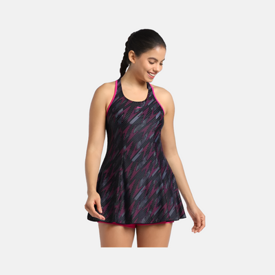 Speedo Hyperboom All Over Printed Racerback Women's Swimdress With Boyleg -Black/ElectricPink