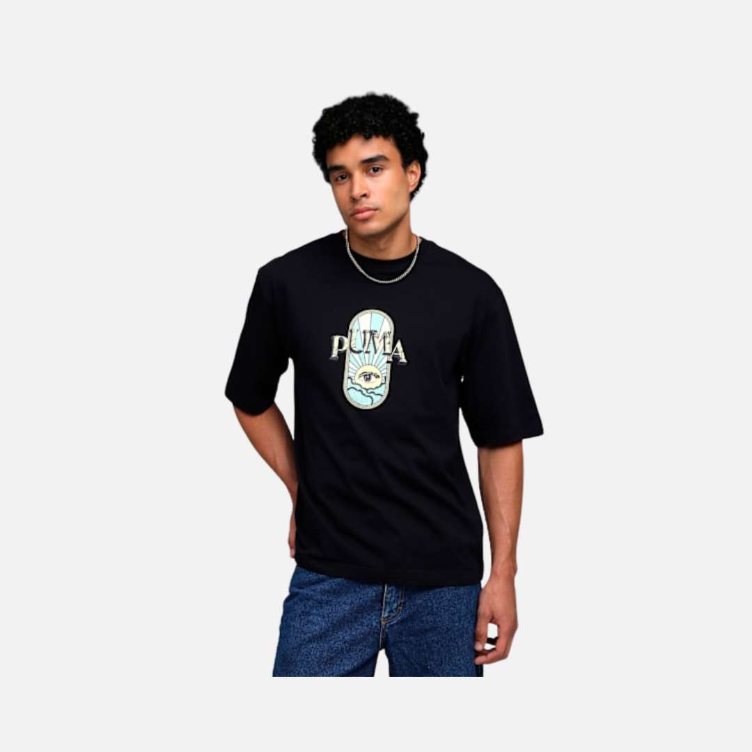 Puma Graphic Printed Men's Boxy Cotton T-shirt-PUMA Black