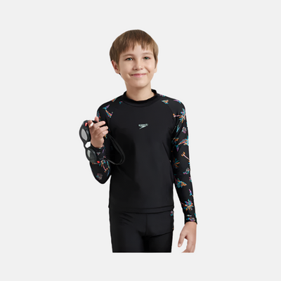 Speedo Endurance10 Digital Print Long Sleeve Boy's Suntop -Black/Anthracite/Arctic Glass