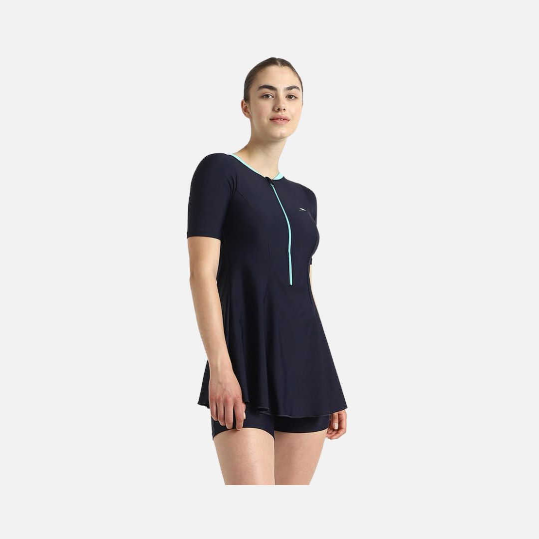 Speedo Women's Endurance10 Closedback Sleeved Swimdress With Boyleg - True Navy & Arctic Glass