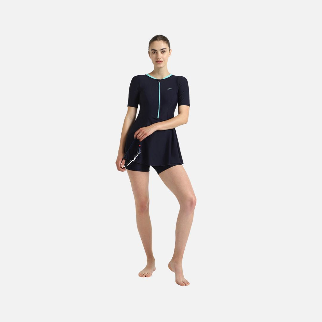 Speedo Women's Endurance10 Closedback Sleeved Swimdress With Boyleg - True Navy & Arctic Glass
