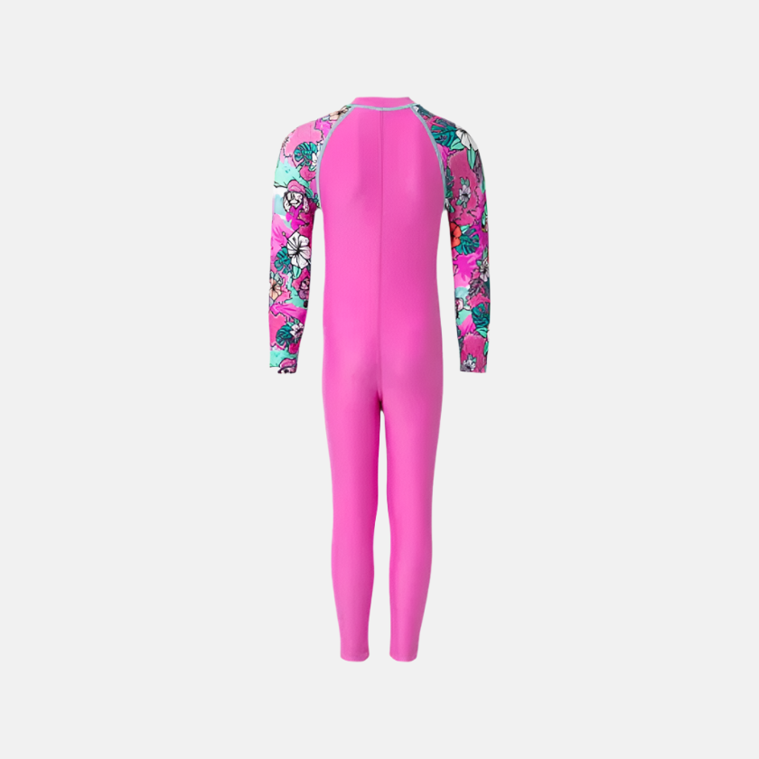 Speedo Endura Brite Block Printed All In One Girl's Full Body Suit - Neon Violet/Diva/Arctic Glass