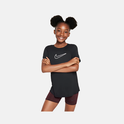 Nike One Fitted Older Kids Girls Dri-FIT Short-Sleeve Top -Black/White