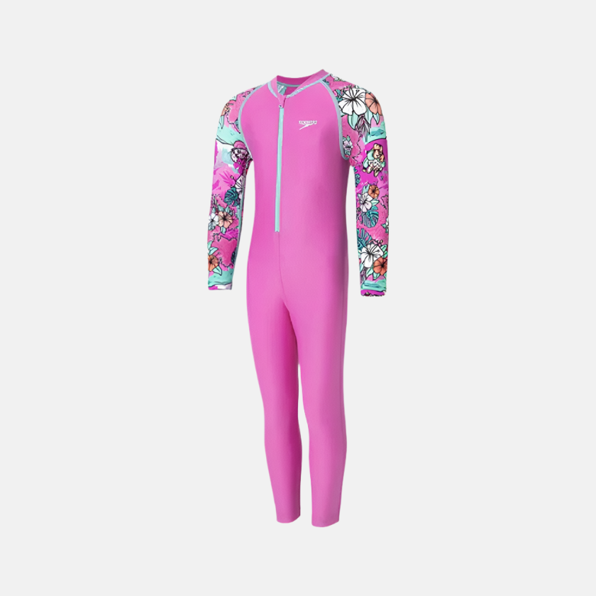 Speedo Endura Brite Block Printed All In One Girl's Full Body Suit - Neon Violet/Diva/Arctic Glass