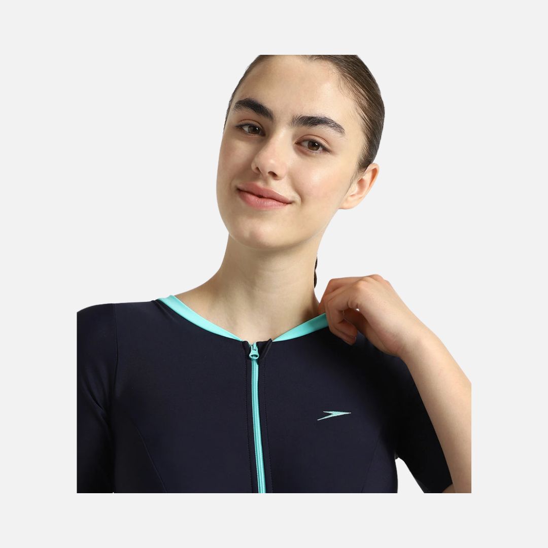 Speedo Women's Endurance10 Closedback Sleeved Swimdress With Boyleg - True Navy & Arctic Glass