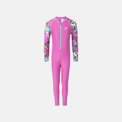 Speedo Endura Brite Block Printed All In One Girl's Full Body Suit - Neon Violet/Diva/Arctic Glass