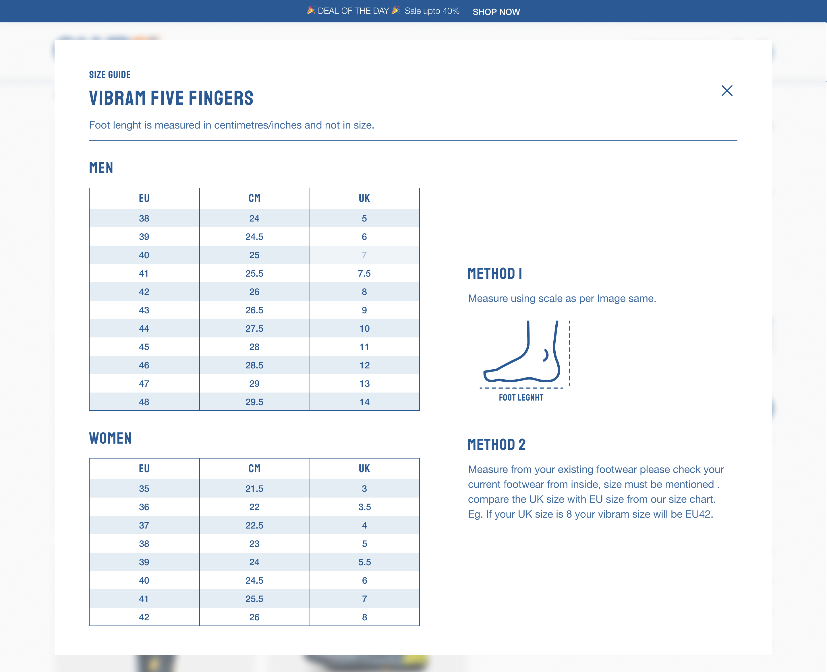 Five finger shoes size 2025 chart
