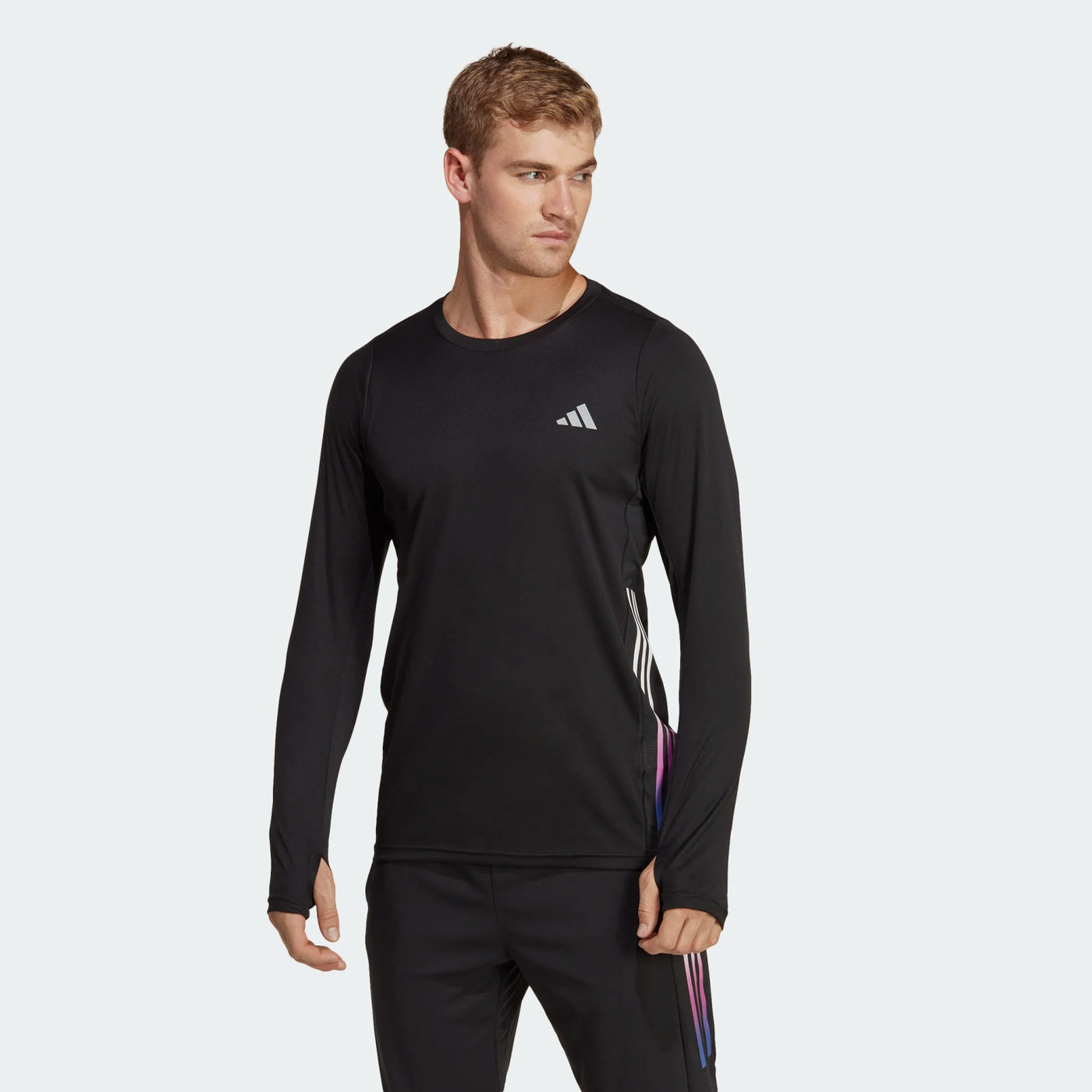 Adidas Run Icons 3 Stripes Long Sleeve Tshirt - Black